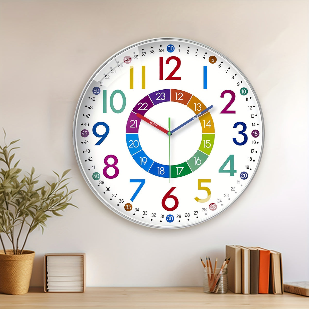 8-12 Inch Color Learning Wall Clock, Learn How to Tell The Time, Japanese Silent Quartz Movement, Plastic Frame, AA Battery Powered, Suitable for Bedroom, School, Teacher Decoration, Educational Teaching Auxiliary Supplies, Holiday Gift