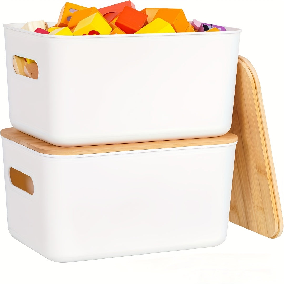8/4/2/1pc Storage Bins with Woods Lids Plastic Storage Containers for Organizing Stackable Storage Box with Handle, Medicine Cabinet Organizer, for Bookshelf, Storage Organizer for Home, Office, Desktop, Playroom, Classroom, White