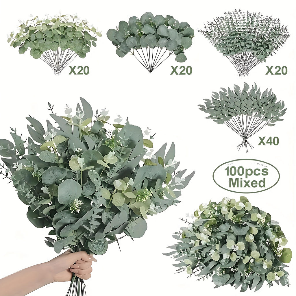 50/100pcs Artificial Eucalyptus Eucalyptus Bouquet And 4 Kinds of Willow Silvery European Leaf Slices | Perfect for Flower Bouquet Making And Home Decoration | Ideal Gift for Christmas And Mother'S Day