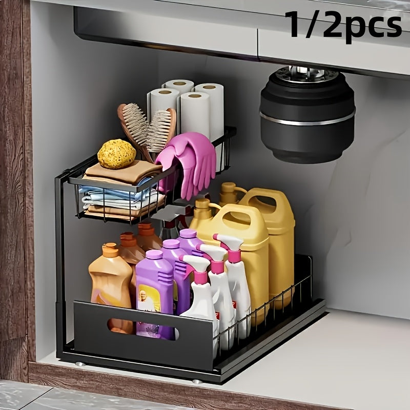 1/2pcs Kitchen Organizers And Storage, Kitchen Accessories, Utility Racks, Under Sink Organizer, Pull Out Cabinet Organizer, 2 Tier Slide Out Sink Shelf, Cabinet Storage Shelves, Under Sink Storage for Kitchen Bathroom Cabinet, Local Warehouse