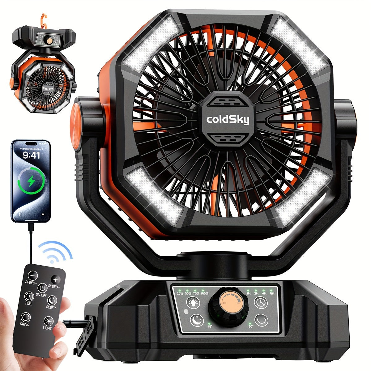 20000Mah Battery Powered Camping Fan - Dual Motor, 8-Speed with Remote Control & 4 LED Lanterns, Portable Outdoor Fan with Hook for Tent, Power Outage, Construction Site, For Outdoor Camping Travel