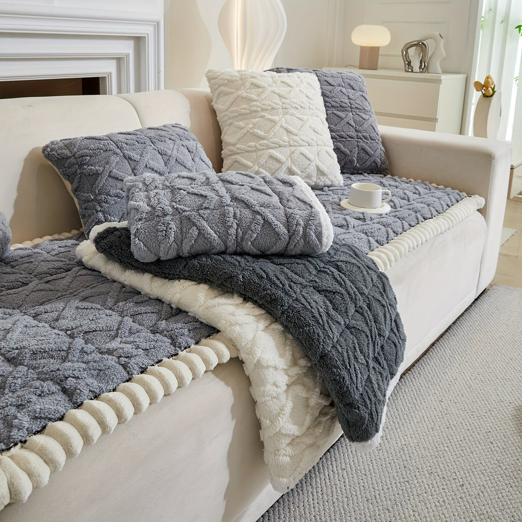 1pc Autumn And Winter Thick Bohemian Style Quilted Sofa Cover with Ruffles, Made Of One-piece Plush Fabric, Machine Washable, Suitable for Anti Slip Protection Of Pets, And Suitable for Decorating Armchairs to 4-seater Segmented Sofas