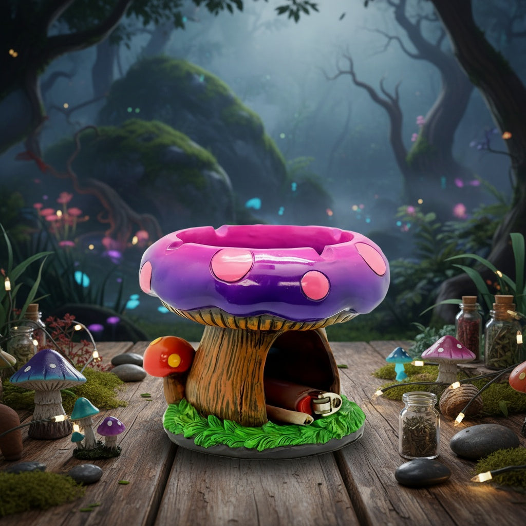 Fantastic Mushroom House Ashtray with Storage - 5.3”x4.5” Purple & Pink Resin Whimsical Mushroom-Shaped Ashtray with Cigarette Butt Slot & Storage Compartment, Humorous Home & Office Decor, Contemporary Irregular Design, No Electricity Needed, Durable Res