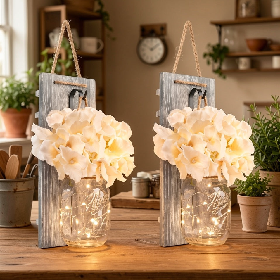 Decorative Mason Jar Wall Decor - Rustic Wall Sconces with Flowers - Farmhouse Home Decor (Set Of 2)