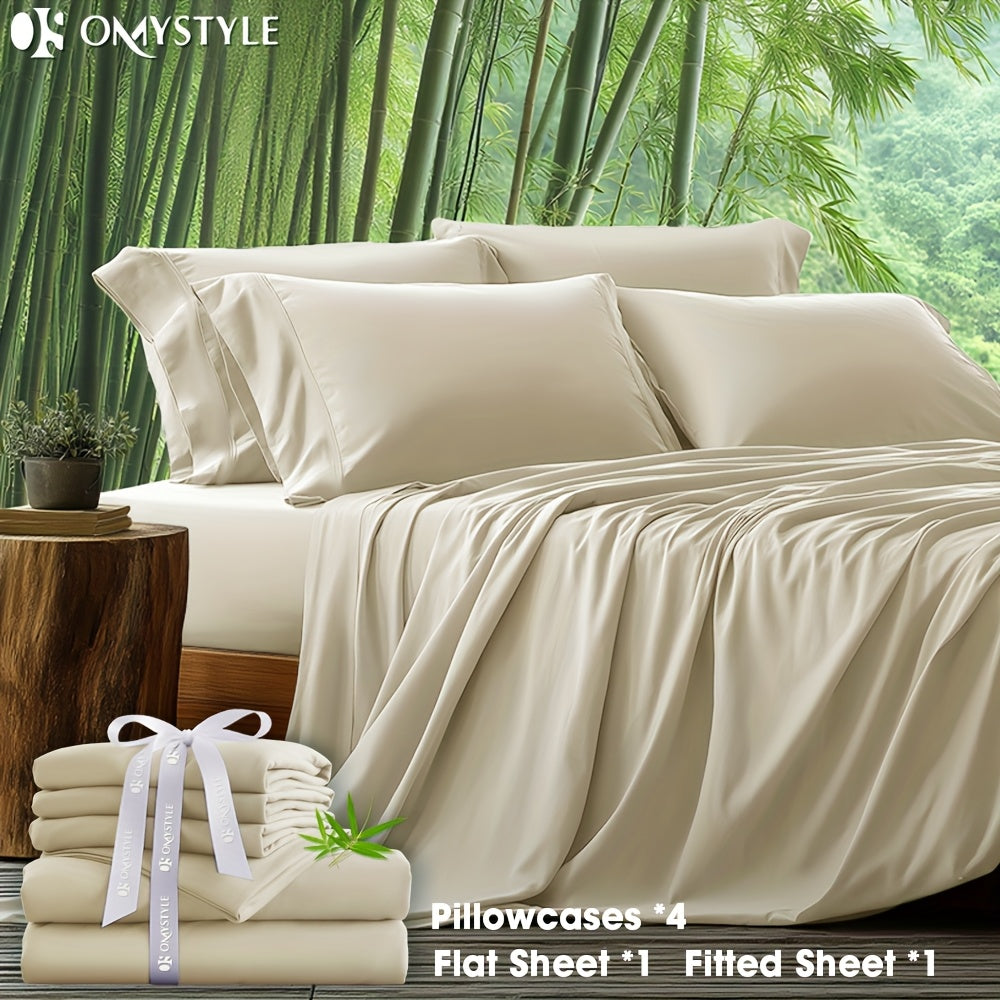 6pcs Bamboo Blend Bed Sheet Set-Flat Sheet, Fitted Sheet And 4 Pillowcases, Luxury Breathable Sheet Set, Ultra Soft Sheet for Hot Sleepers, Deep Pocket, King/Queen/Full/Twin