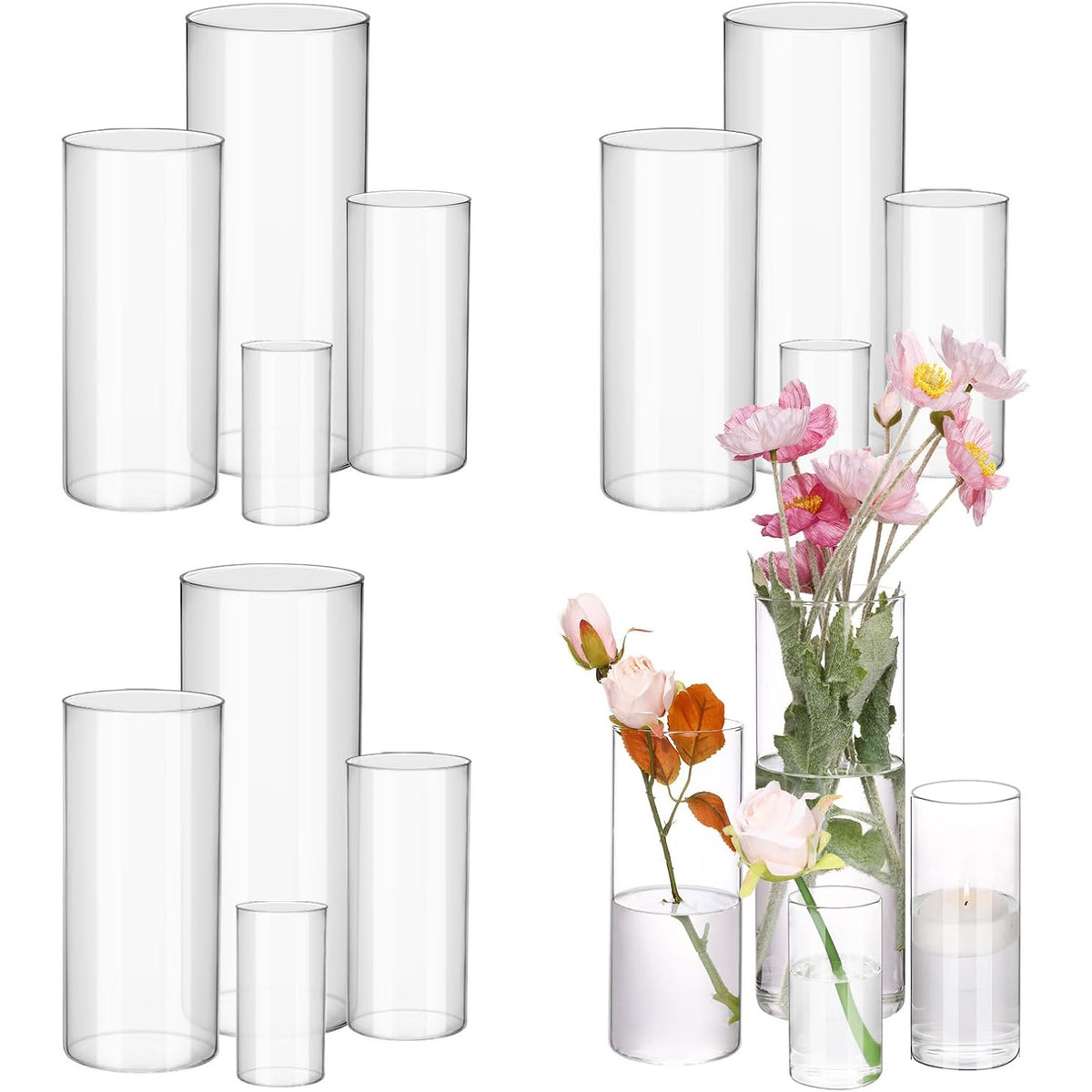 WHONLINE 16pcs Clear Glass Cylinder Vases, 4, 6, 8, 10 Inch Tall Cylinder Vases for Party Centerpieces, Hurricane Floating Candle Holder Vase for Table Shelf, Party, Collectible Buildings & Accessories，Wedding, Home Decor