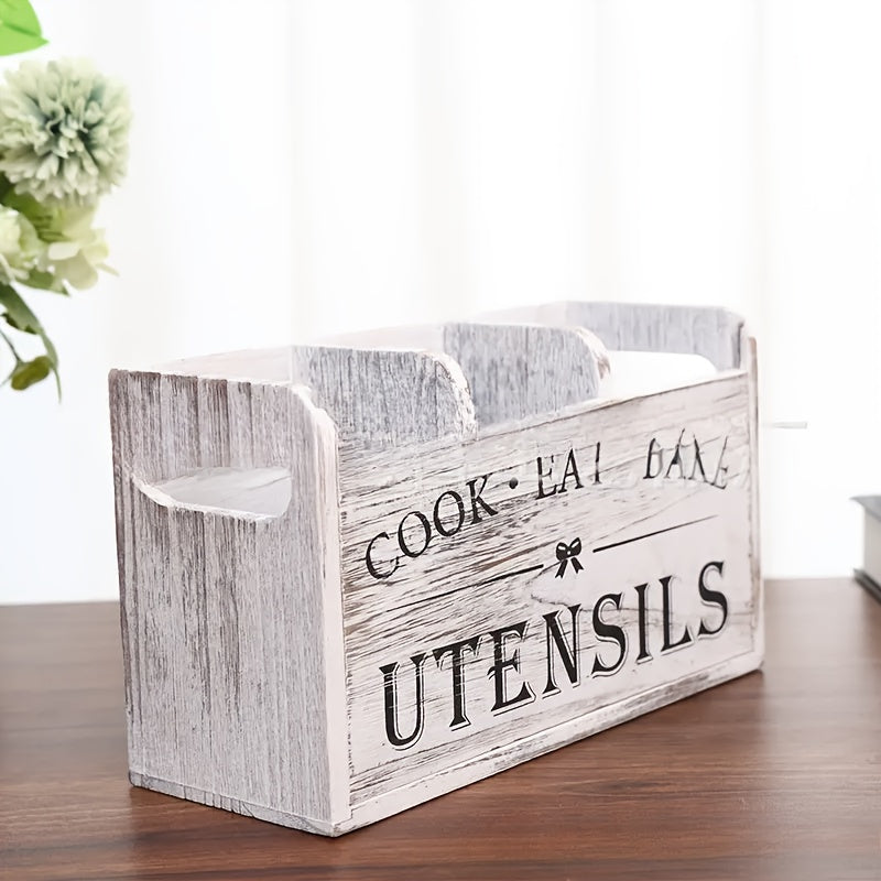 Rustic Wooden Kitchen Utensil Holder, 1pc 3-Compartment Storage Box, Kitchen Must Haves, Countertop & Wall-Mounted Organizer, Wood Material, Kitchen Accessories For Cook, Eat, Bake Tools, Kitchen Organizers And Storage