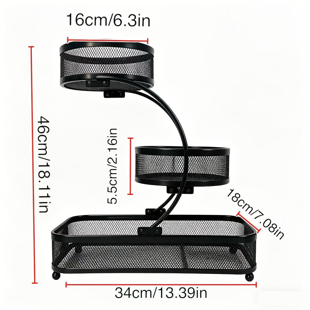 3-Tier Black Metal Mesh Storage Rack with Hooks Space-Saving Countertop Organizer for Kitchen, Bathroom Room Decor | Heavy-Duty Cosmetic Perfume Toiletry Display Stand, Shelf Baskets