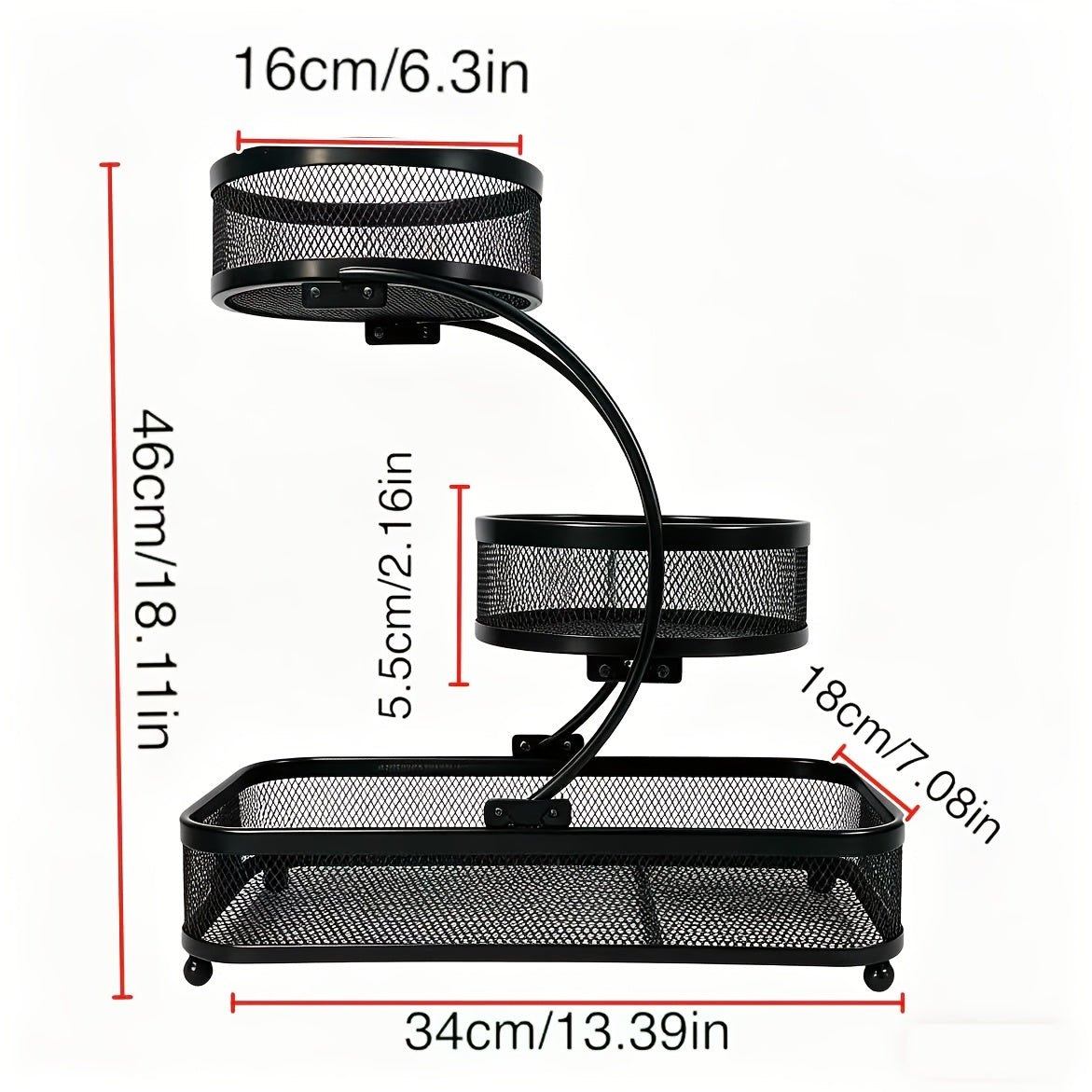 3-Tier Black Metal Mesh Storage Rack with Hooks Space-Saving Countertop Organizer for Kitchen, Bathroom Room Decor | Heavy-Duty Cosmetic Perfume Toiletry Display Stand, Shelf Baskets