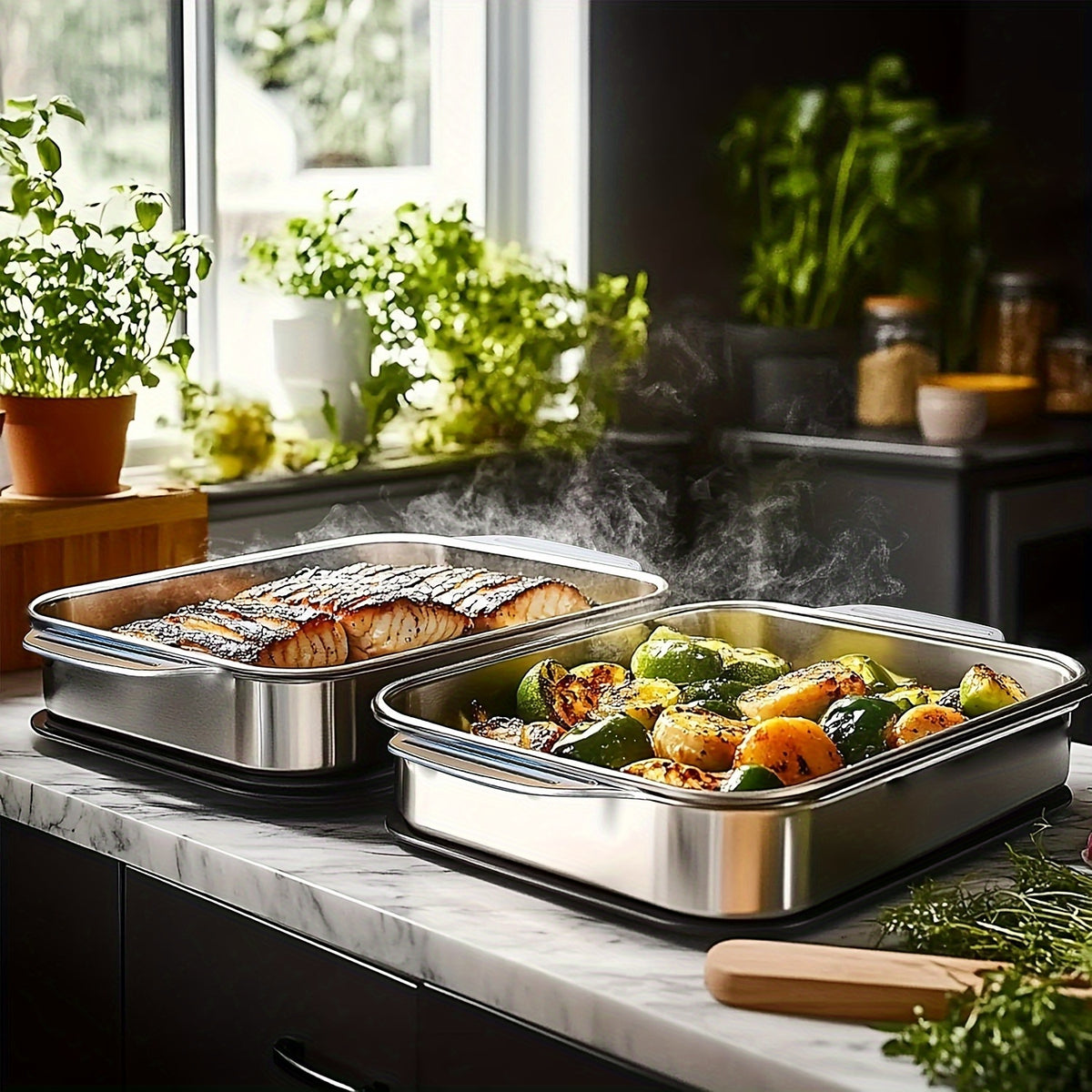 4pcs(2 Deep Trays and 2 Lids with Handles) Stainless Steel Baking Tray with Steel Lid 16.1 Inches with Fresh-keeping Lid, Non-stick and Easy to Clean, Suitable for Outdoor Pumpkin Cooking, Barbecue and Other Multi-purposes- Perfect Choice for C