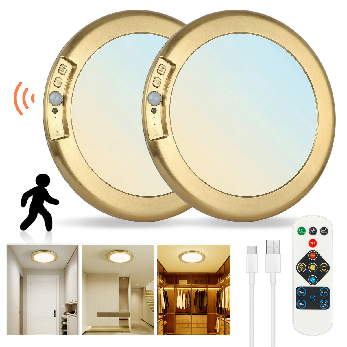 8/6/4/2/1Pack Rechargeable LED Ceiling Light with Motion Sensor, 3 Lighting Options, 10 Brightness Levels Battery Operated Closet Lights, Remote Control Dimmable Timing Motion Shower Lights for Living Bathroom Pantry Hallway Porch(3000K/4500K/6500K)