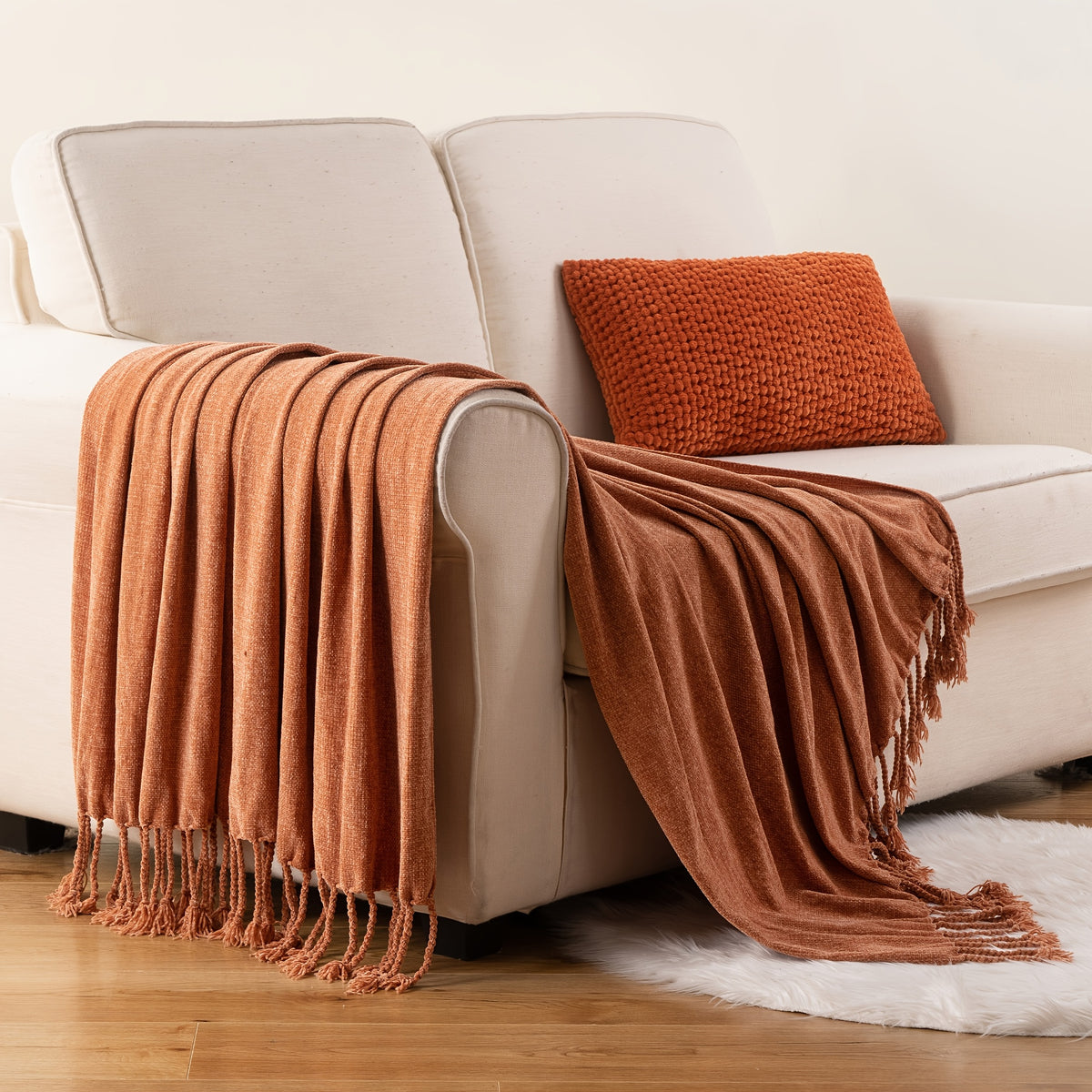 Decorative Fringe Velvety Throw Blanket for Sofa Home Decor, Chenille Throw Blanket for Couch, 50"x60"
