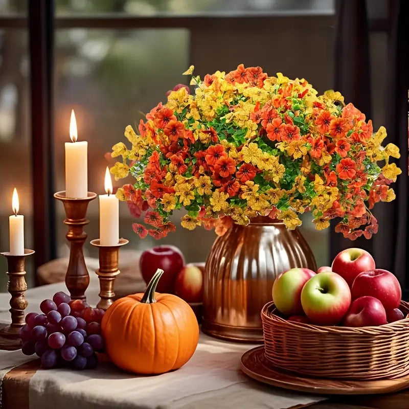 8 Artificial Autumn Bouquets- UV-resistant Non-fading Orange Chrysanthemum Decoration, Suitable for Home, Porch, Garden, Wedding Decoration- Four Seasons Indoor/outdoor Decoration, Low Maintenance Design, Durable Plastic Material, Multi-scene Autum