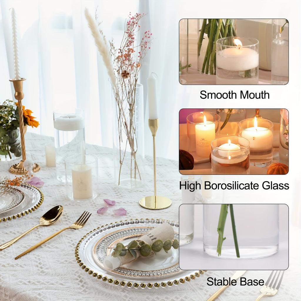 TOMNK 12/20/24pcs Clear Cylinder Glass Vases, Includes 4/5 Sizes, Tall Boho Style Decorative Clear Vases for Wedding Centerpieces, Rustic Home Decor, Formal Dinners Centerpieces, Party Events Floating Hurricane Candle Holder Vases