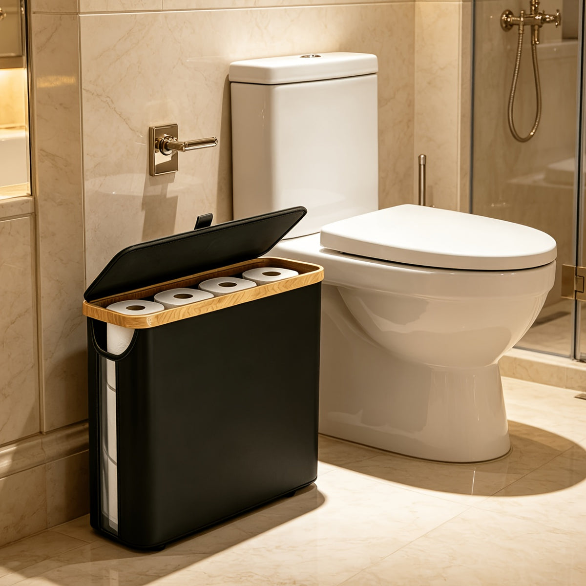Large Capacity Bamboo Paper Towel Storage Basket | Holds 9-12 Rolls, Dustproof, Beautiful Toilet Paper Storage, 600D Oxford Cloth, Black, Beige, and Gray Colors, Suitable for Modern Fashion Bathroom, Toilet Paper Storage Containers