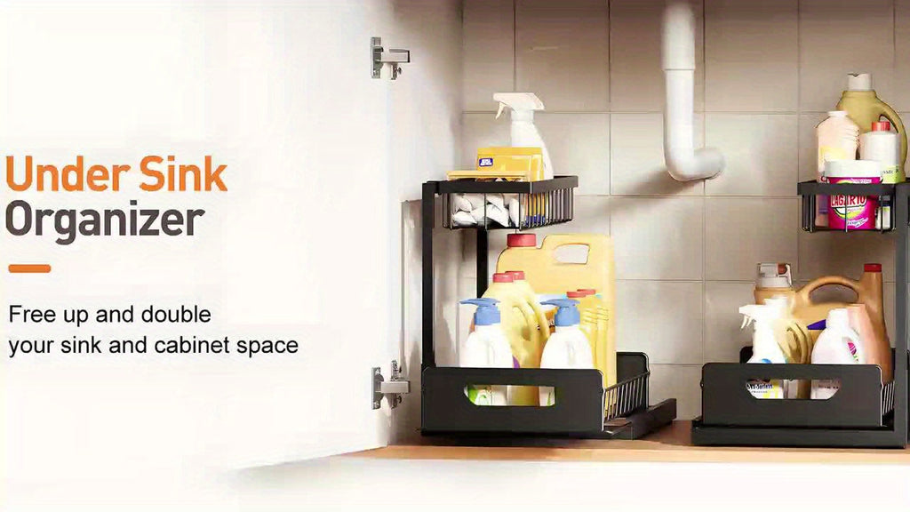 2-story Kitchen Sink Storage Containers, Push-pull Cabinet Organizer, Kitchen and Bathroom Organizers and Storage, Study, Tabletop, Metal Sliding Drawers, Practical and Convenient Kitchen Accessories Essentials, Kitchen Organizers and Storage