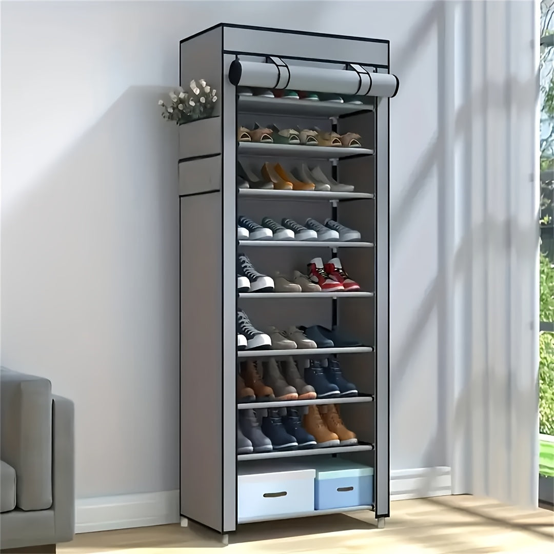10-layer 9-compartment Large Sturdy Non-woven Shoe Cabinet, with Dust Cover Two Cloth Bags, Space-Saving Narrow Design, Easy Assembly for Entryway, Closet, Dorm, Home - Multi-Layer Combination Storage Cabinet for Cloth And Steel Shoes