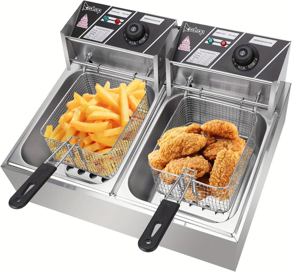Stainless Steel Electric Deep Fryer with 2 Baskets And Lids, Adjustable Temperature Control, US Plug - Outdoor/Indoor Use for French Fries, Chicken, Donuts, Commercial & Home Kitchens, Deep Fryer Basket