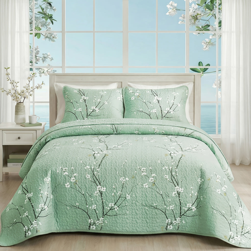 2/3pcs Multicolour Tree Branch Plum Blossom Quilted Quilt, 1pc Quilted Quilt+ 1/2pcs Pillowcases, Soft Breathable Comfortable Portability Hypoallergenic Machine Washable Bed Cover Bedding Room Decor, Twin/ Queen/ King Size