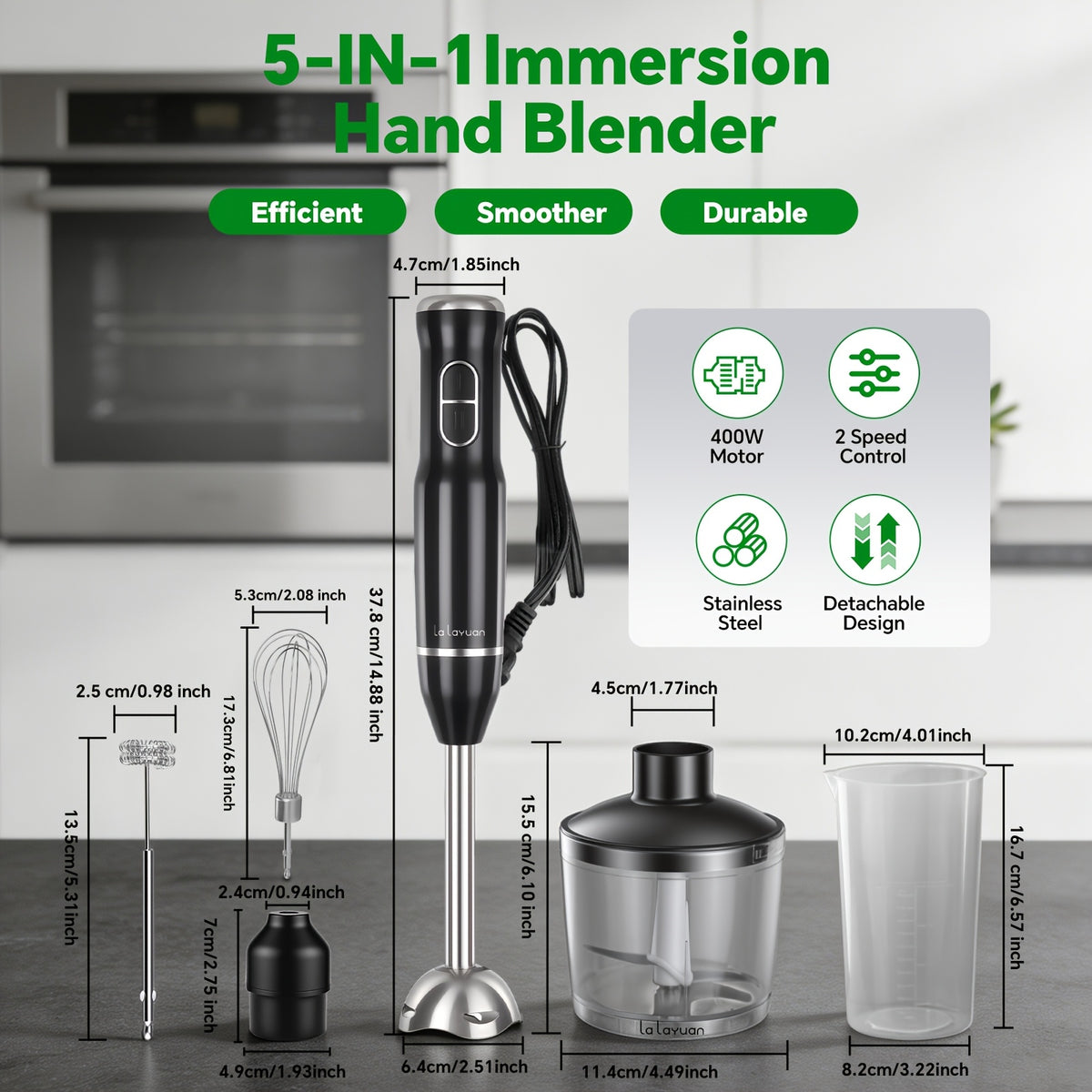 Lalayuan Electric Immersion Blender, Power Handheld Blender, 400W Portable Stick Mixer with 2 Mixing Speeds&Turbo Mode, 304 Stainless Steel Blades, Easy to Grip Speed Corded Hand Mixer, Perfect for Soup Smoothie Puree Food Fruit, with Detachable Base