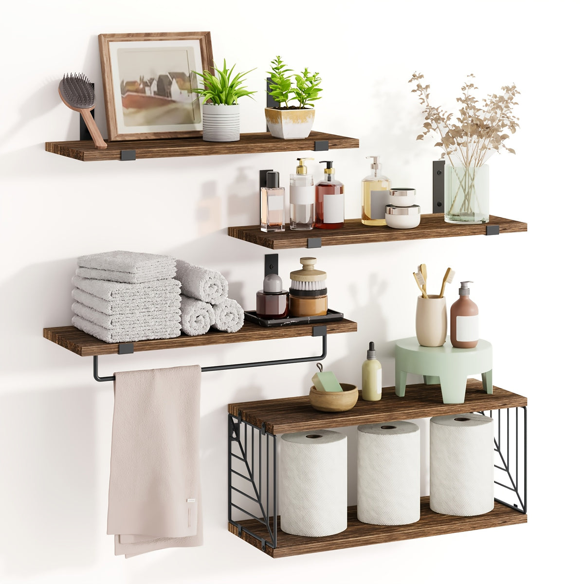 TOMNK 3/4pcs Wall Mounted Floating Storage Rack, Rustic Wood Wall Shelf with Guardrail, Multifunctional Display Unit for Bedroom, Living Room, Bathroom And Kitchen