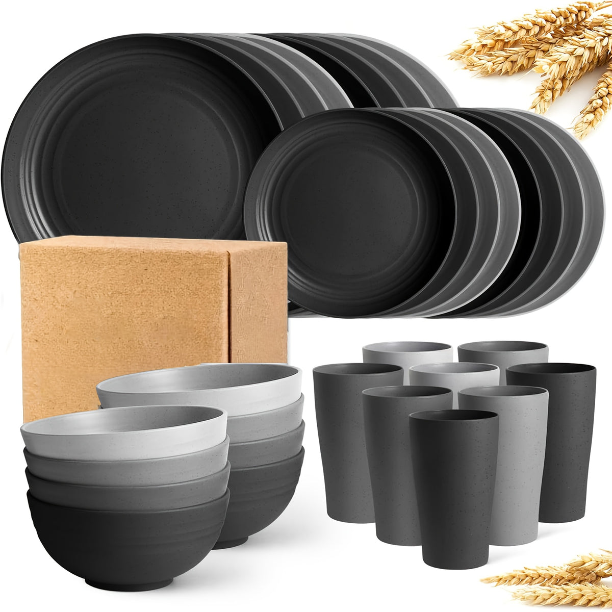 [Unbreakable Dinnerware Set] 32/16/4pcs Wheat Straw Dinnerware Set | Service for 8/4, Large Size Modern Dish Set-Plate/Dessert Plate/Bowl/Cup, Lightweight Tableware, Perfect for Camping, Gifts for Christmas/Halloween, Local Warehouse Items