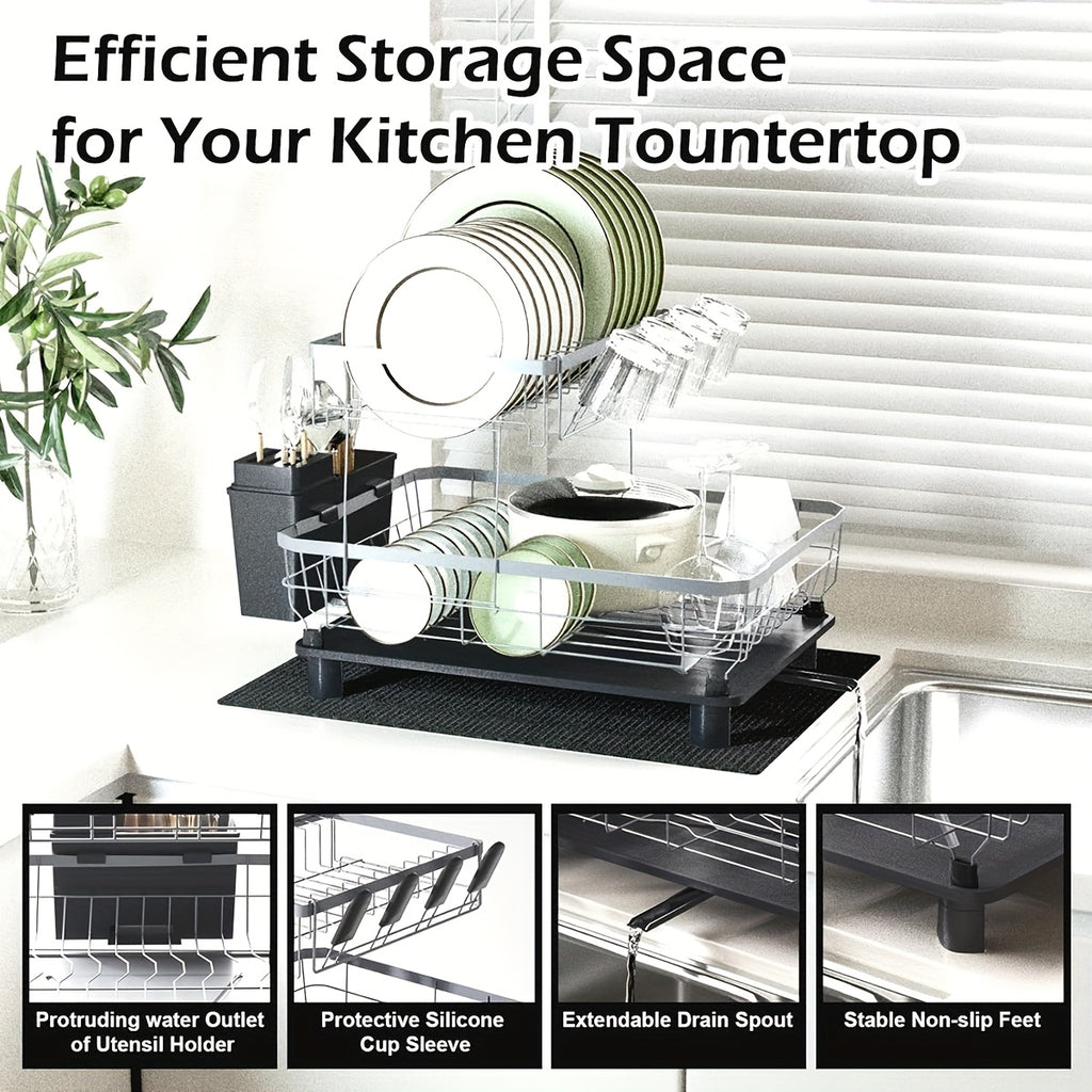 Dish Drying Rack, 2 Tier Dish Racks for Kitchen Counter, Large Stainless Steel Kitchen Dish Drying Rack, Detachable Large Capacity Dish Drainer Organizer with Utensil Holder, Drain Board