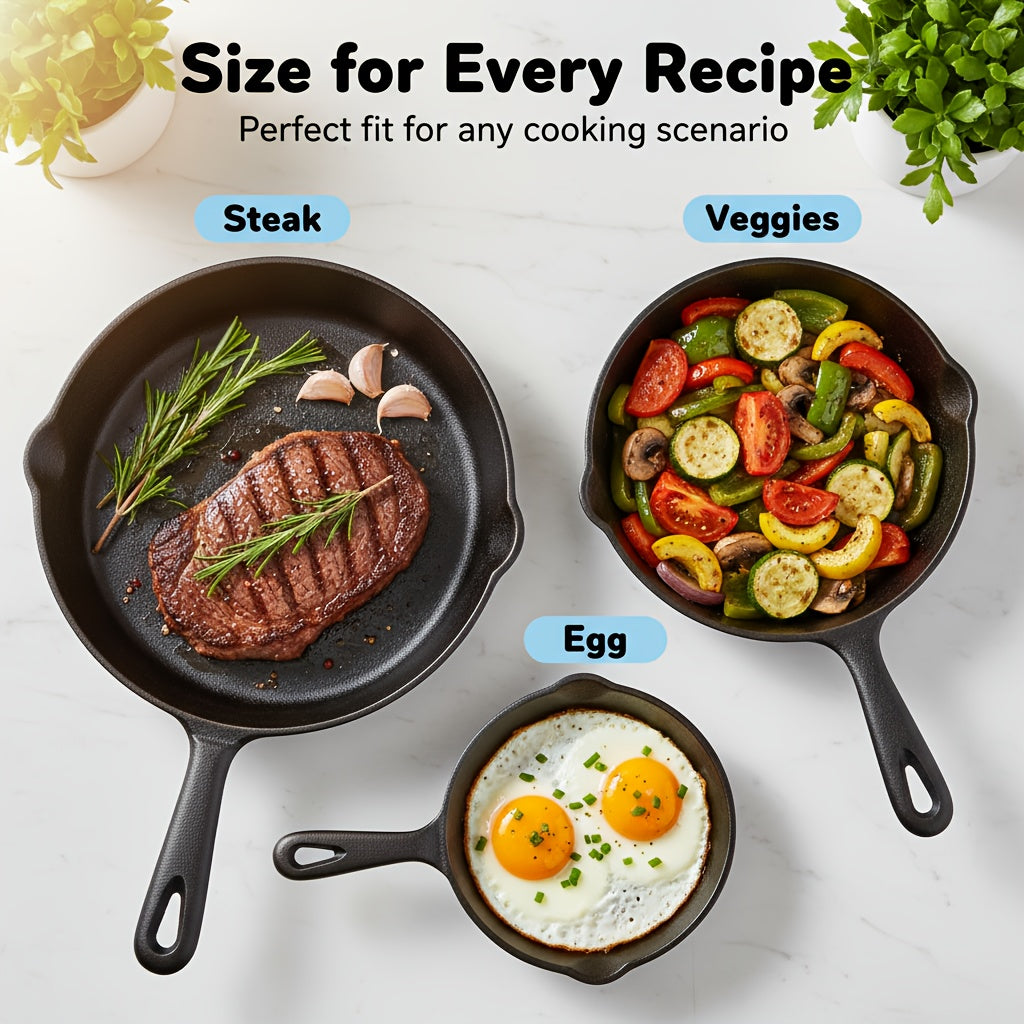 Cast Iron Skillet, Cast Iron Frying Pan Uncoated Set, Frying Pan with Drip Spout, Heavy Duty Pan Cookware, Household Pans, Kitchen Accessories, Home Cooking, Suitable for Frying, Stir-Frying, Cooking, Baking, Camping Gear And Equipment