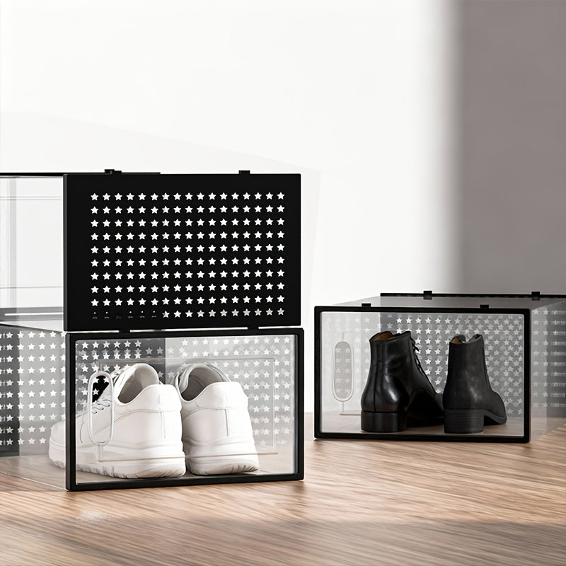 Modular Shoe Boxes with Lids, Transparent Foldable Stackable Plastic Sneaker Containers in Black or White with 6 12 or 24 Piece Options for Home and Dorm Storage