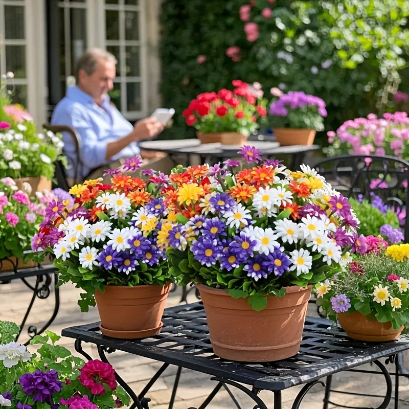 Mixed Color Artificial Daisy Flowers, 10 Bundles of UV-Resistant Plastic Faux Blooms for Front Porch Planters, Garden Displays and Wedding Decor
