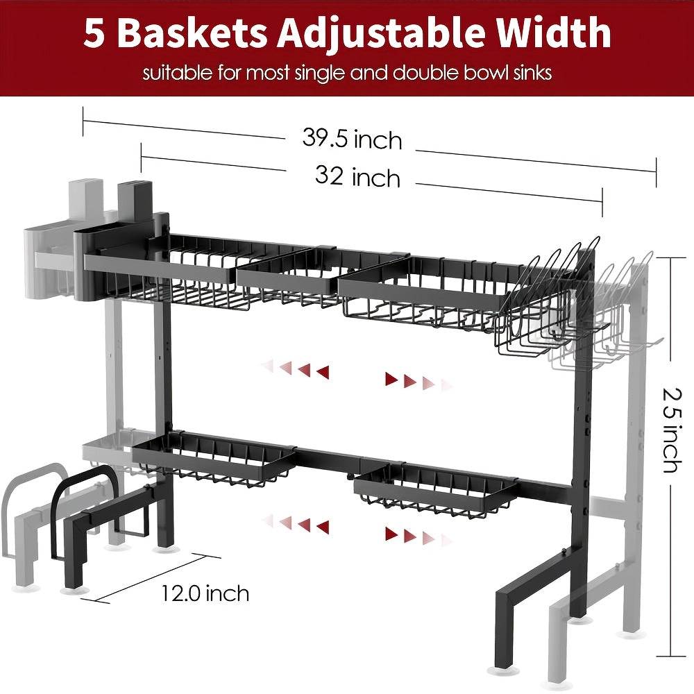 Expandable Multi-Tier Black Kitchen Organizer with Dish Rack, Drainage Tray, Spice Shelf & Towel Holder - Space-Saving Sink Storage for Dishes, Utensils | Durable Black Metal | Dustproof Design, Kitchen Accessories, Kitchen Organizers And Storage