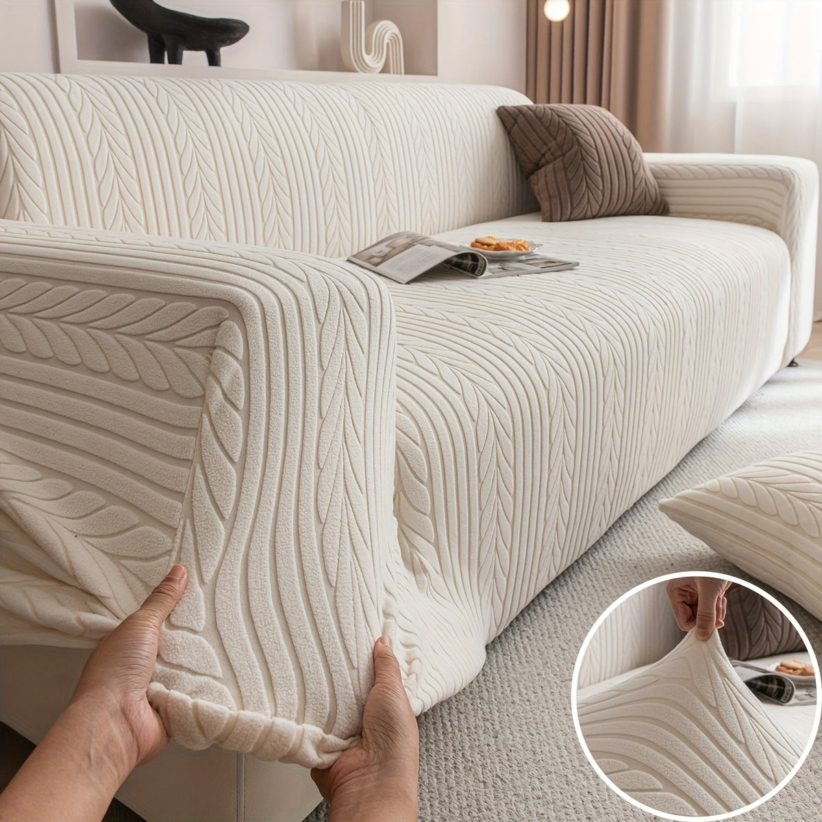 1pc Striped Sofa Cover - Washable, Stretchable, Scratch-Resistant & Non-Slip All-Season Sofa Protector, Fits 1-4 Seater Sofas, White Textured Fabric with Sawtooth Pattern, Perfect for Living Room Decor & Furniture Protection | Durable Protection