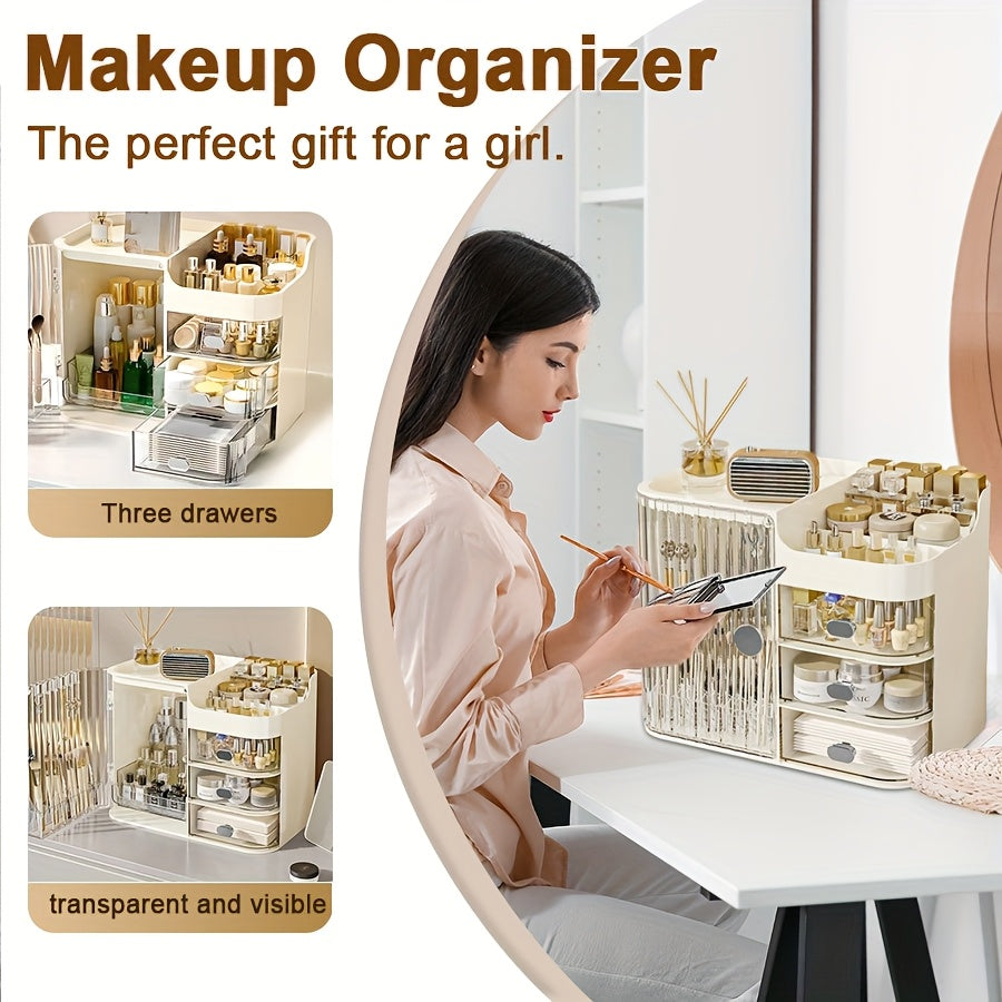 Makeup Organizer Cabinet with 3 Drawers, Top Storage and Transparent Side Door for Cosmetics, Skincare and Bathroom Vanity Organization in Black or Cream White