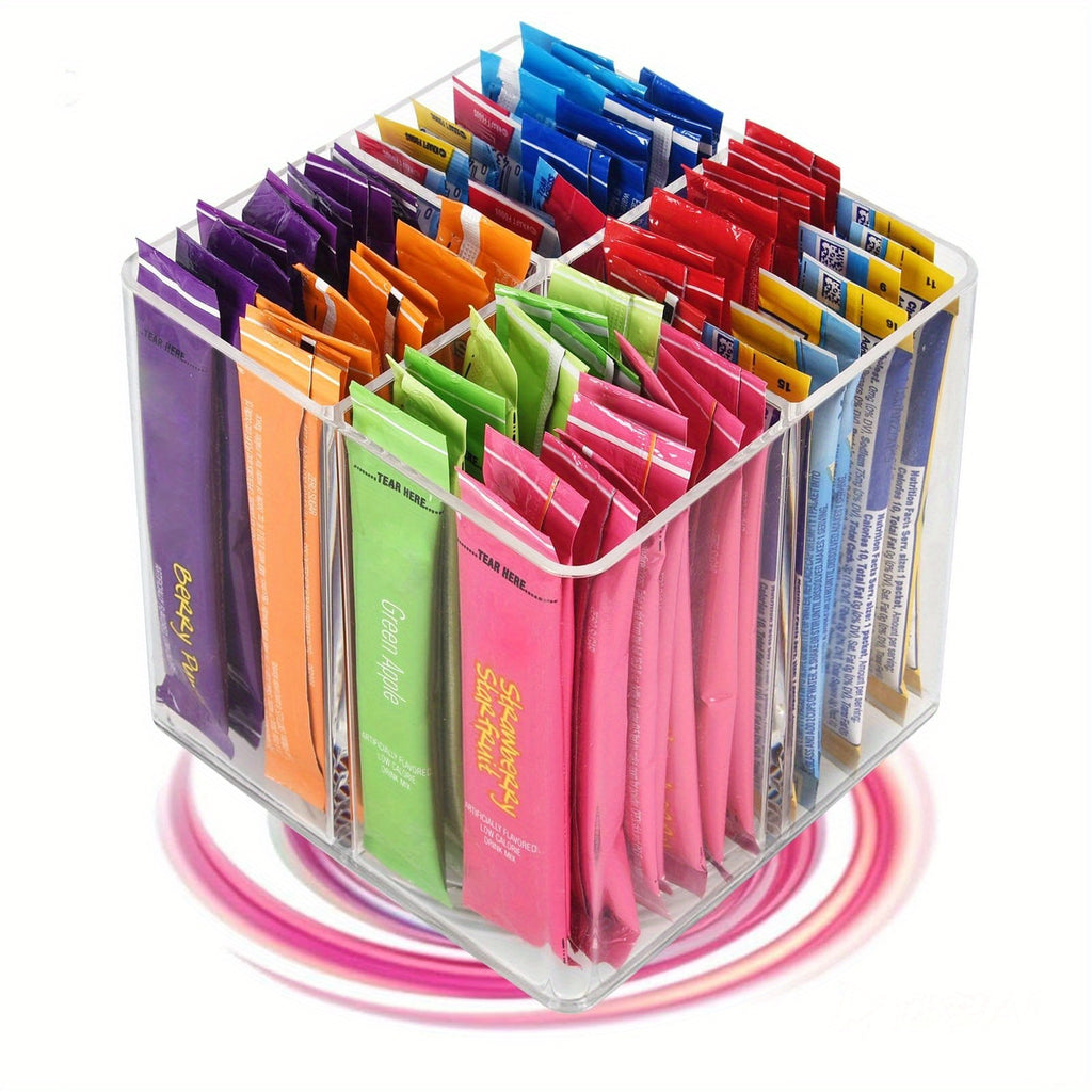 Square Rotating Storage Rack for Powdered Beverage Mixes/ Water Flavored Pouches/ Beverage Mixing Accessories Organizer