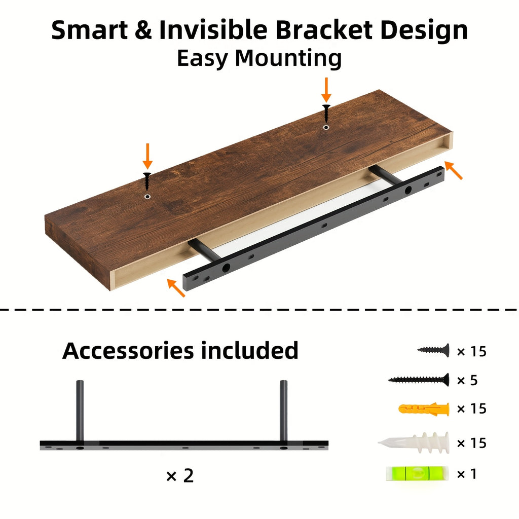 TOMNK 2/4/6pcs Set Floating Shelves, 15.7-inch/19.7-inch/22-inch Wooden Wall-Mounted Shelves, Suitable for Home Decor in Living Rooms and Kitchens, Strong Load-Bearing Capacity, Can Be Installed in Bathrooms, Bedrooms, Living Rooms, or Kitchens