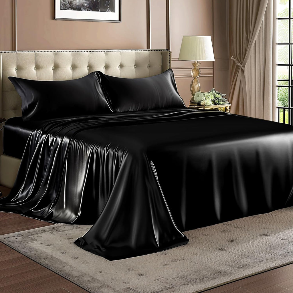 3/4pcs 2100TC Satin Sheets Queen Size Bed Set-Child Satin Bed Sheets Ultra Soft Satin Sheets Queen Set, Breathalbe Satin Bed Sheets Bed Sheets All Sizes Soft Satin Bedding for Bedroom 5 Star Luxury Hotel Experience W/ The Premium Satin Sheets