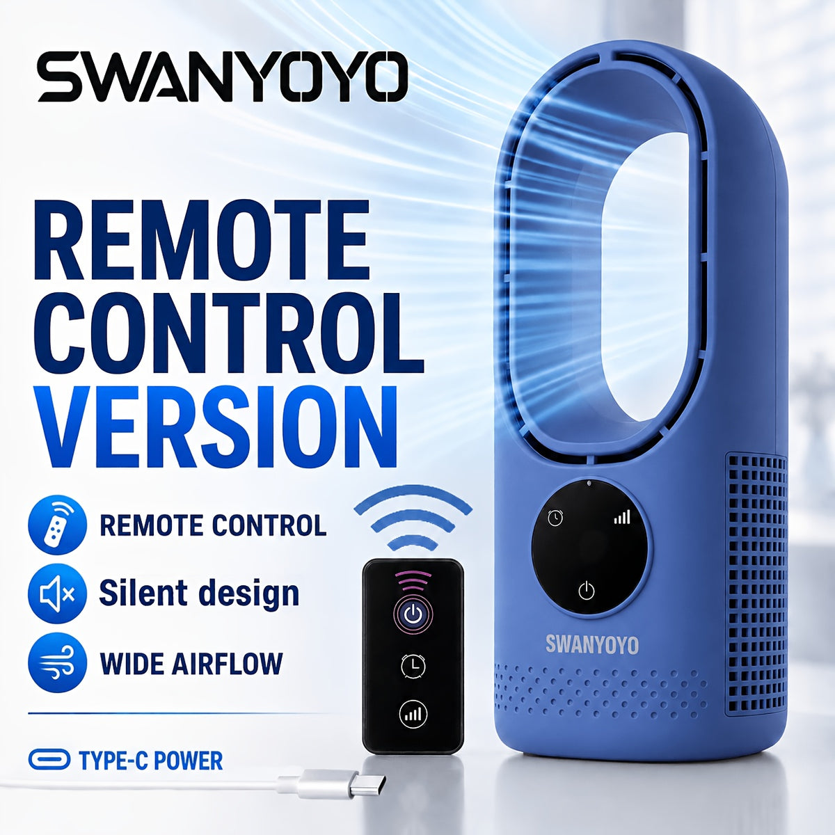 USB Desktop Tower Fan with Remote Control, 6-Speed Bladeless Humidifying Fan with Touch Display, Timer and Colorful Lights for Home Office Desks