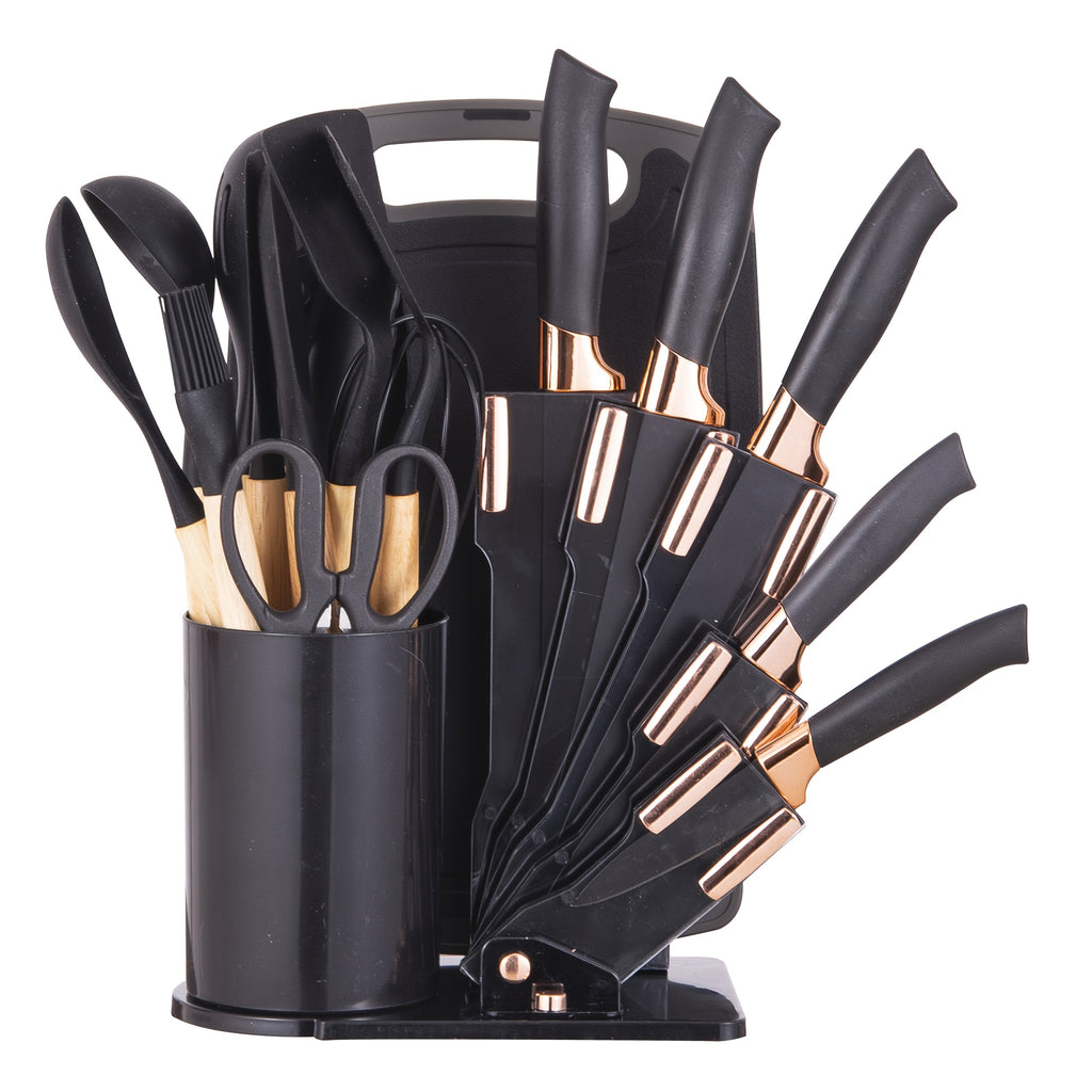 19pcs Kitchen Knife And Utensil Set, Non-Stick Black Knife Set with Wooden Handles, Silicone Cooking Tools, Cutting Board, Scissors And Holder, Best Gift for Parents
