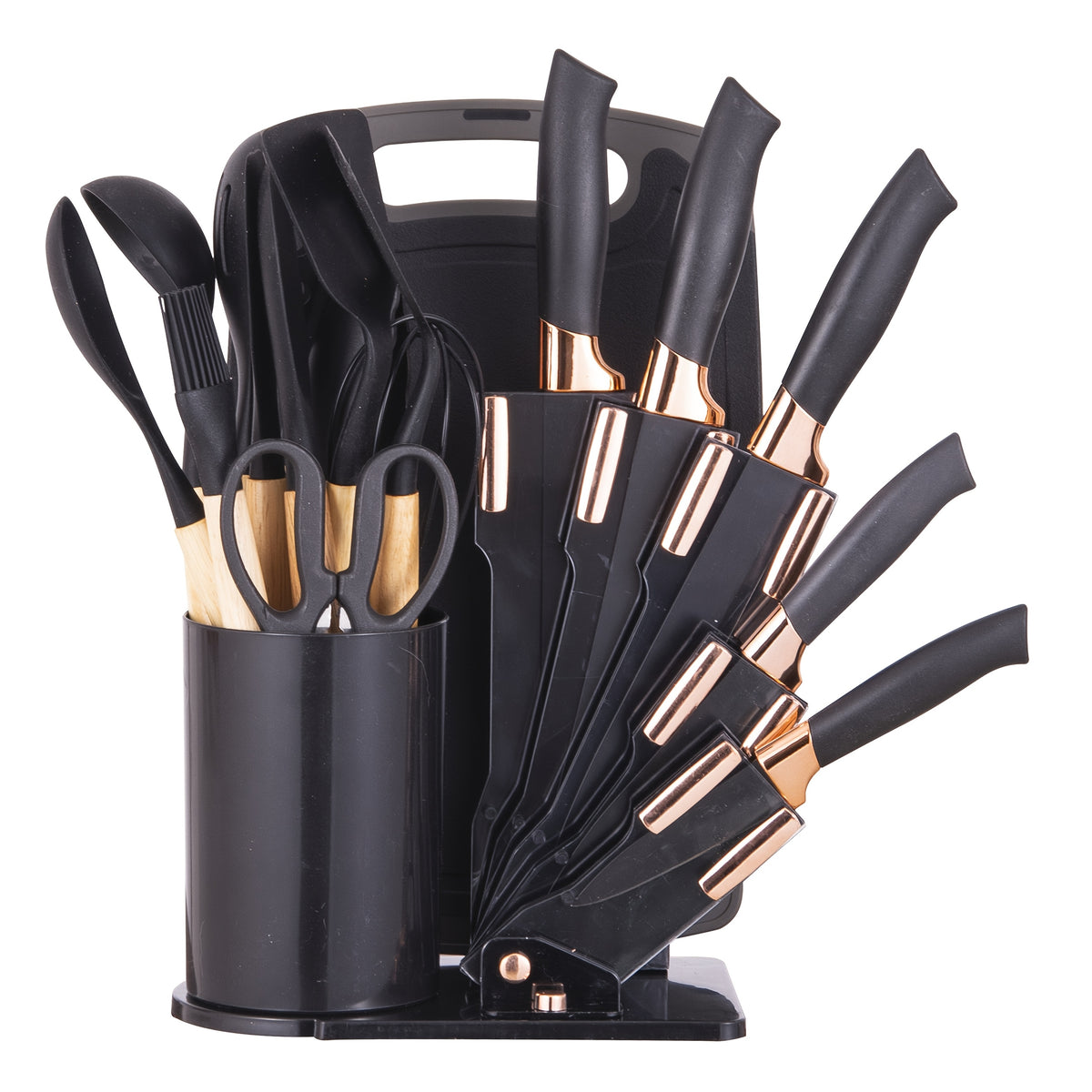 19pcs Kitchen Knife And Utensil Set, Non-Stick Black Knife Set with Wooden Handles, Silicone Cooking Tools, Cutting Board, Scissors And Holder, Best Gift for Parents