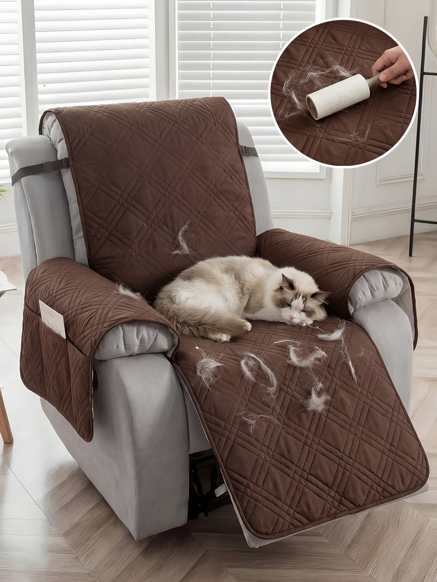 Recliner Protector Cover with Side Pocket, One-Piece Quilted Chair Cover with Elastic Band for Pet Households and Everyday Living Room Furniture Care