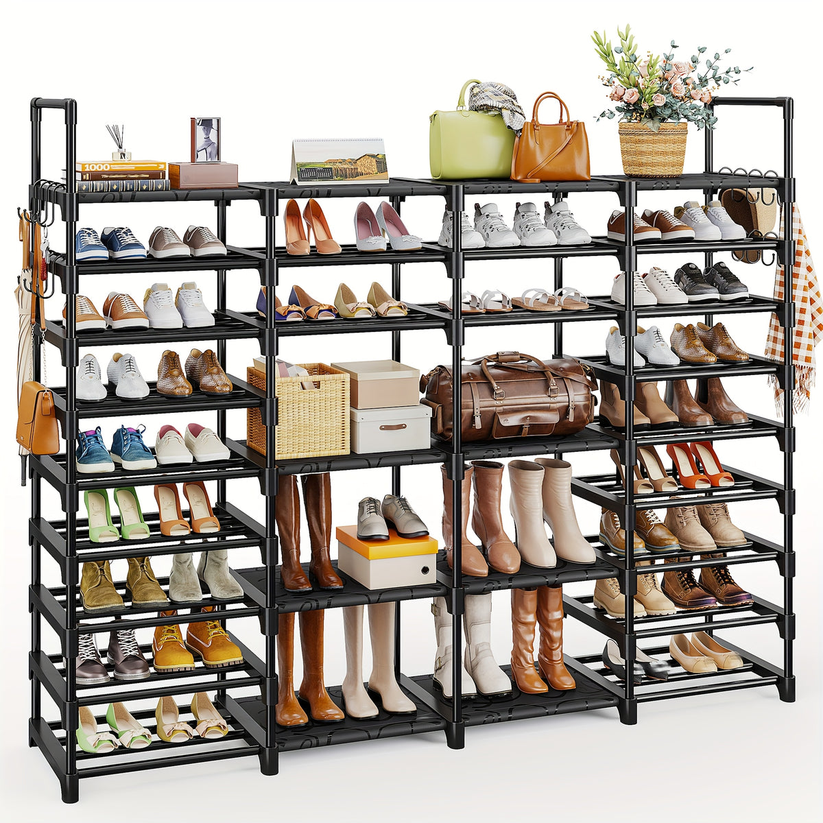 Large Capacity Metal Shoe Rack, Black Shoe Rack Organizer, Boots Storage Rack, 4 Rows 6 Tier & 4 Rows 9 Tier Shoes Rack | Heavy Duty Storage Shelf |Holds 45-72 Pairs Of Shoes|Stable And Durable, Easy to Assemble for Living Room, Bedroom, Dormitory