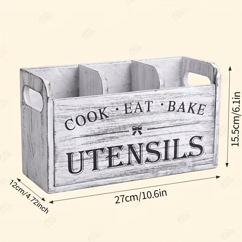 LDQ 3-Compartment Extra Large Rustic Wooden Utensil Organizer, Storage Boxes, Countertop & Wall-Mounted Organizer for For Cooking/Baking Tools, More-Space-Saving Multi-Use Storage for Kitchen & Pantry, Kitchen Organizers, Baskets, Bins & Containers