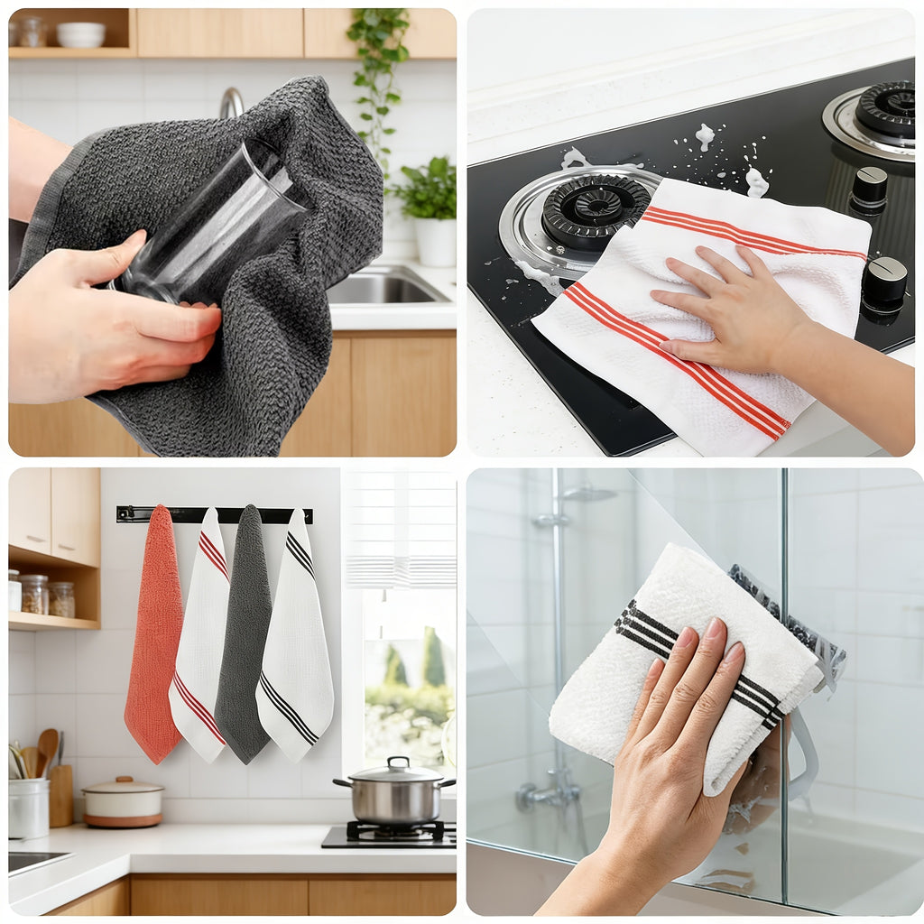 12pcs 100% Cotton Kitchen Towel Set | 6 Hand Towels (15" X 25"), 6 Wash Towels (12" X 12") - Striped Weave, Absorbent & Durable Dish Towels For Cooking, Cleaning & Drying - Perfect For Christmas & Holiday Kitchens