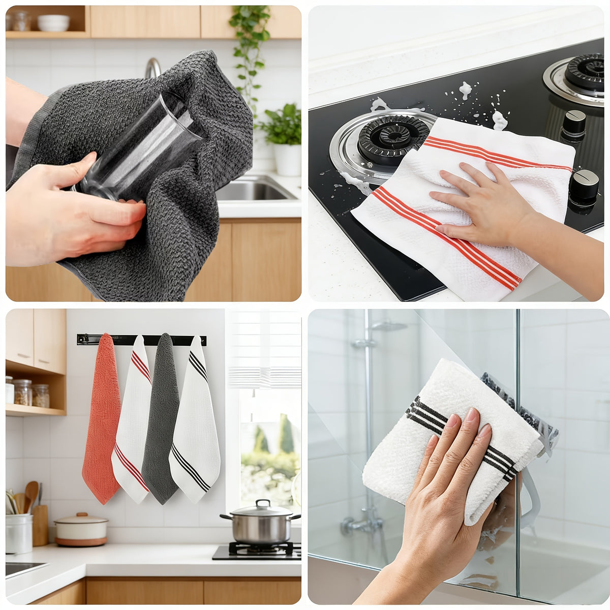 12pcs 100% Cotton Kitchen Towel Set | 6 Hand Towels (15" X 25"), 6 Wash Towels (12" X 12") - Striped Weave, Absorbent & Durable Dish Towels For Cooking, Cleaning & Drying - Perfect For Christmas & Holiday Kitchens