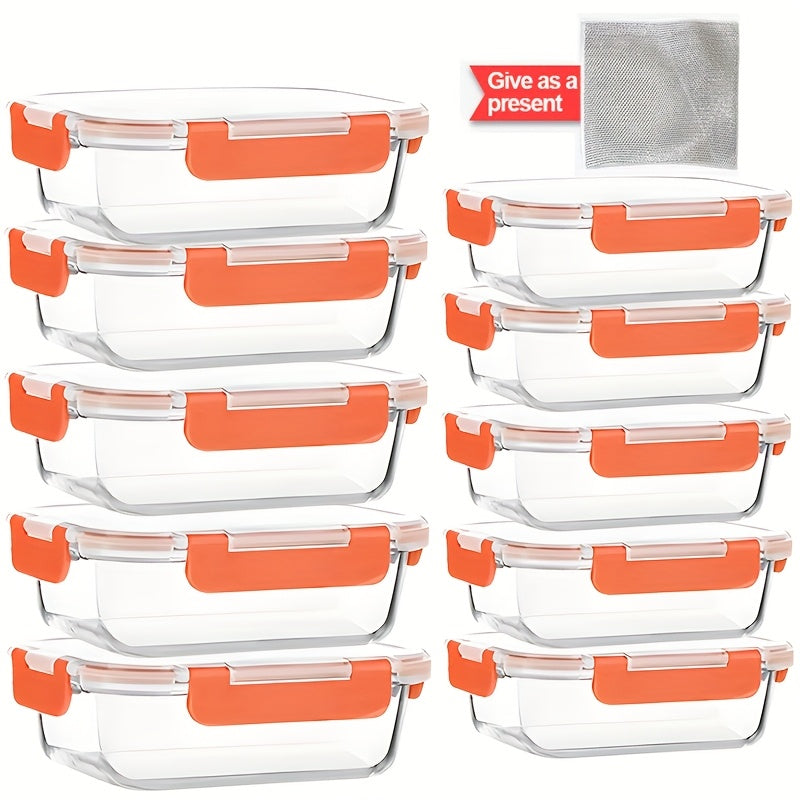 Glass Meal Prep Storage Containers, Set of 10 with Airtight Locking Lids for Work Lunches, Leftovers, Refrigerator and Pantry Organization