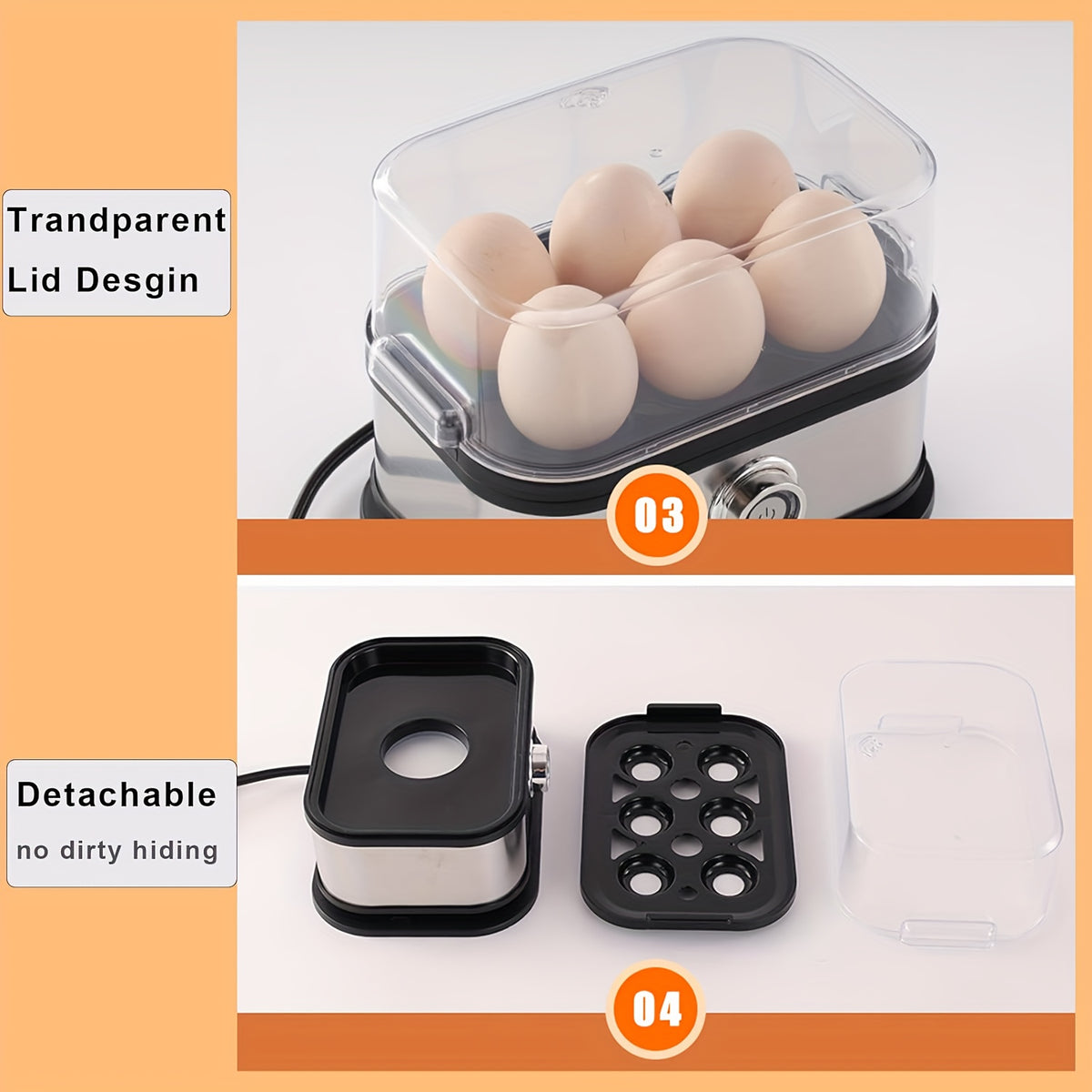 Quick Egg Cooker, 6 Egg Capacity Egg Cooker, Hard Boiled, Semi-cooked, Soft Boiled Egg Cooker, with Automatic Shut-off and Alarm Function, Stainless Steel Household Electric Egg Steamer(Black)