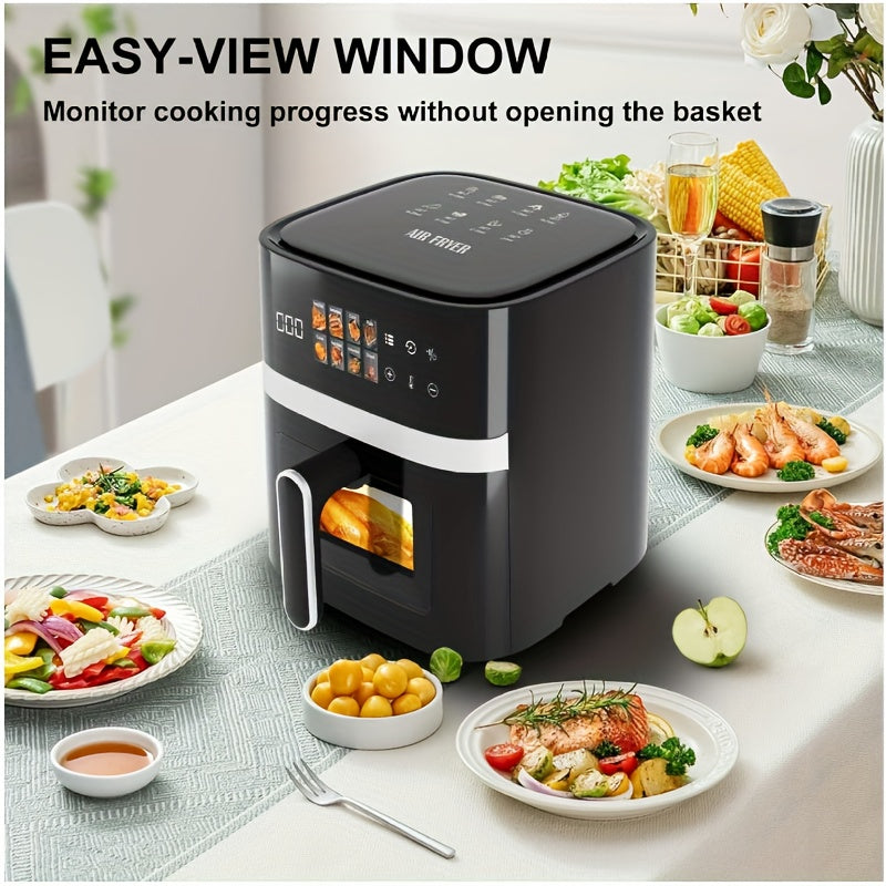 6-Quart Air Fryer - 8-in-1 Electric Hot Air Oven with LED Touchscreen, Non-stick Fry Basket, And 1350-watt Power. This Large-capacity Air Fryer Features 360° Hot Air Circulation, A Clear Touchscreen, And Integrated Heat-insulated Handles. Black.