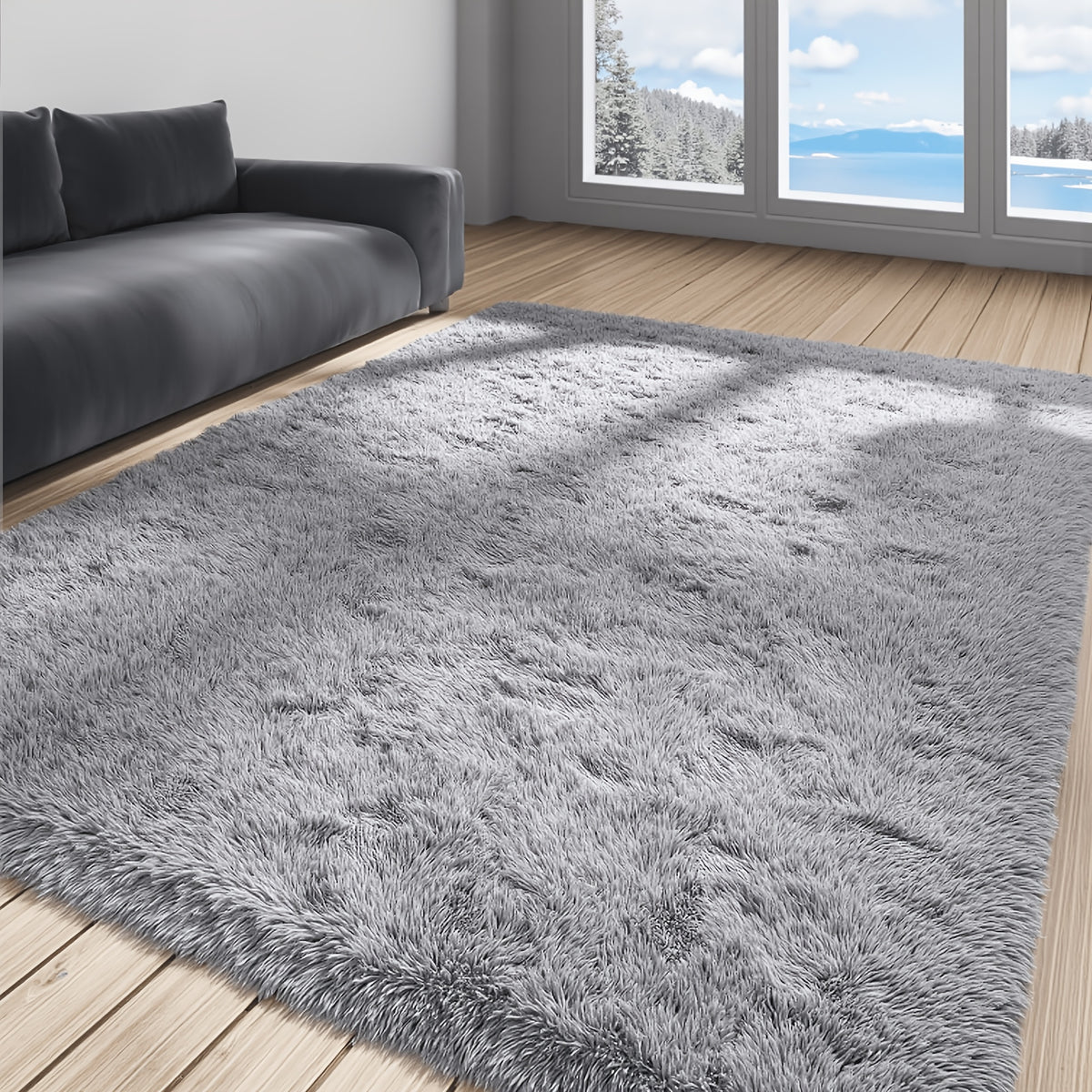 1pc Giant 71x106in Plush Area Rug | Non-Slip Fluffy, 1.6 Inch Thick, Machine Washable, Polyester, Solid Color, Rectangle, Flat Woven | Ideal for Living Room, Bedroom, Study, Makeup Room, Holiday Decoration, Cozy Home Carpet, Gray/Black