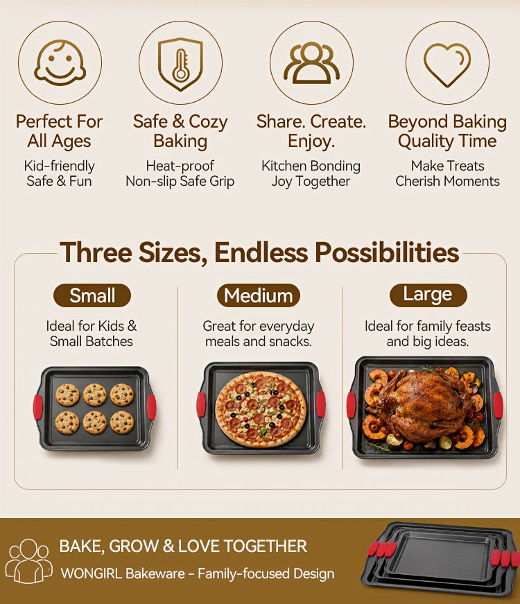 3pcs Nonstick Carbon Steel Oven Baking Pans Set With Detachable Silicone Handles, Premium Non-Stick Steel Bakeware Set, Commercial Grade Restaurant Quality Rimmed Sheets, Easy-Clean Baking Trays For Cookies, Pizza, Cake & Home Kitchen Use