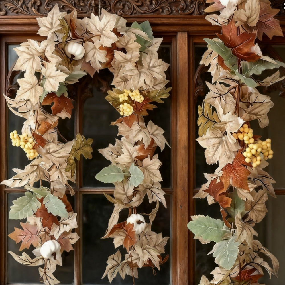 1pc Autumn Pumpkin Wreath, 71.1 Inch Artificial Maple Leaf Pumpkin Berry Vine Wreath with Pumpkin Maple Leaf Garland for Wedding, Thanksgiving Table, Farmhouse Decoration